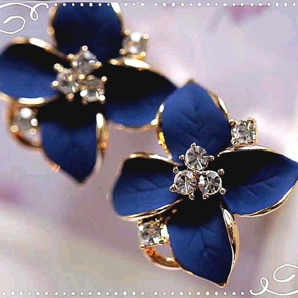 Satin Blue Flower Statement Earrings - Picture 3 of 6